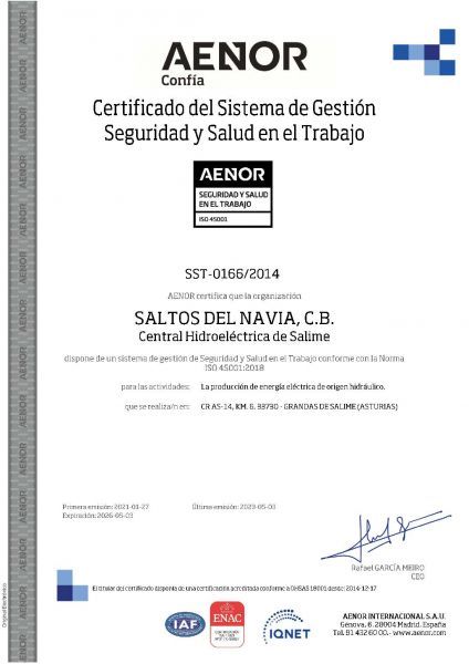 Certificado oficial de AENOR para el Sistema de Gestión de Seguridad y Salud en el Trabajo según la norma ISO 45001:2018 de Saltos del Navia en la Central Hidroeléctrica de Salime, Asturias.