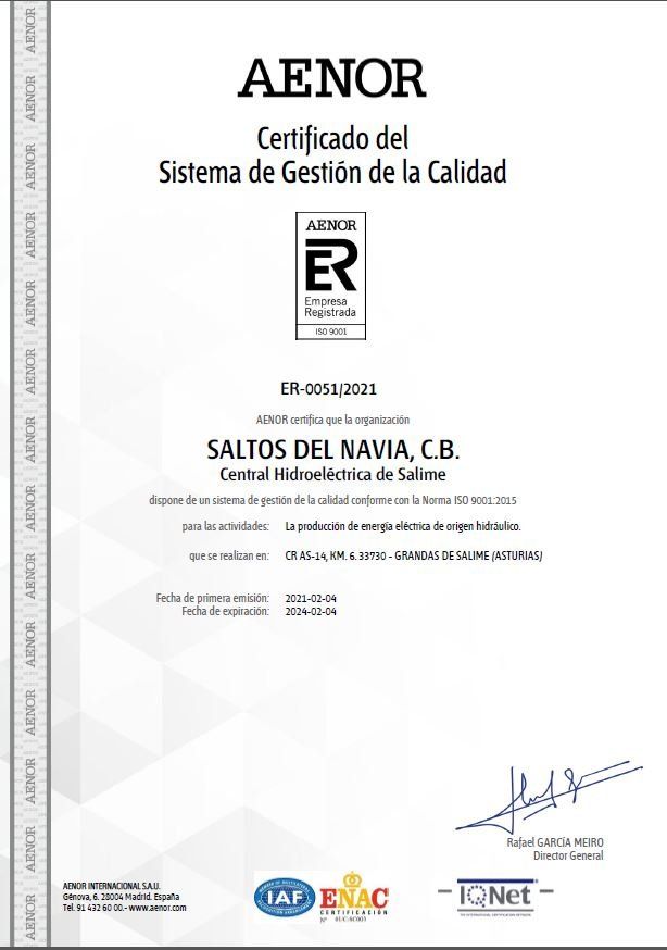 la central hidroelectrica de salime obtiene la certificacion de la norma iso 9001 2015