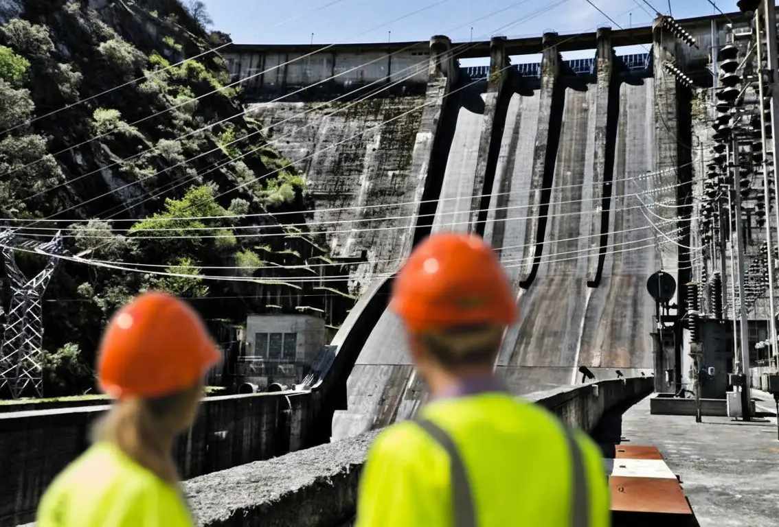 Dos operarios con cascos y chalecos de alta visibilidad observan la estructura de la Presa de Salime, representando el compromiso con la seguridad y salud en el trabajo de Saltos del Navia.